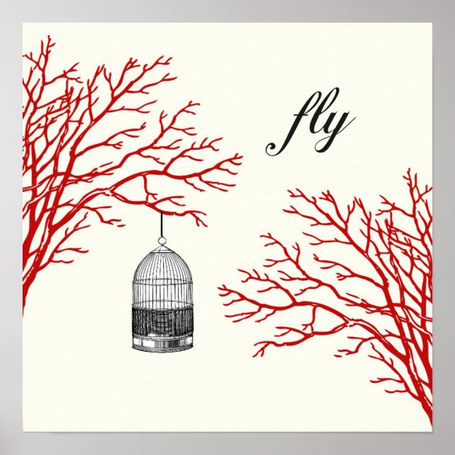 Vintages Birdcage Red Branches "fly" Poster (Vorne)
