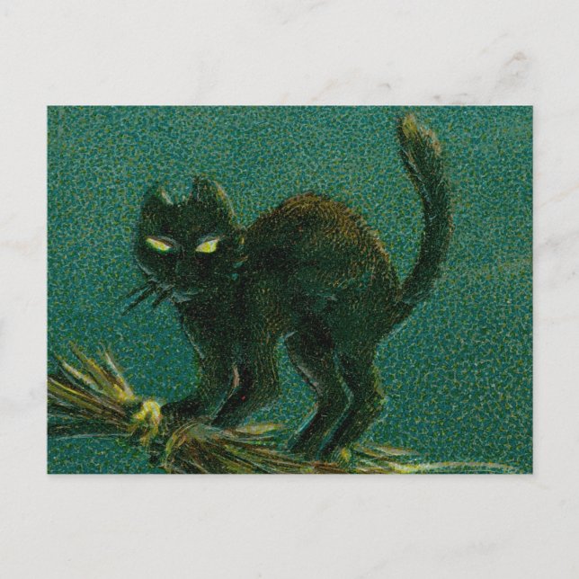 Vintages Black Cat Riding auf Broom Halloween Postkarte (Vorderseite)