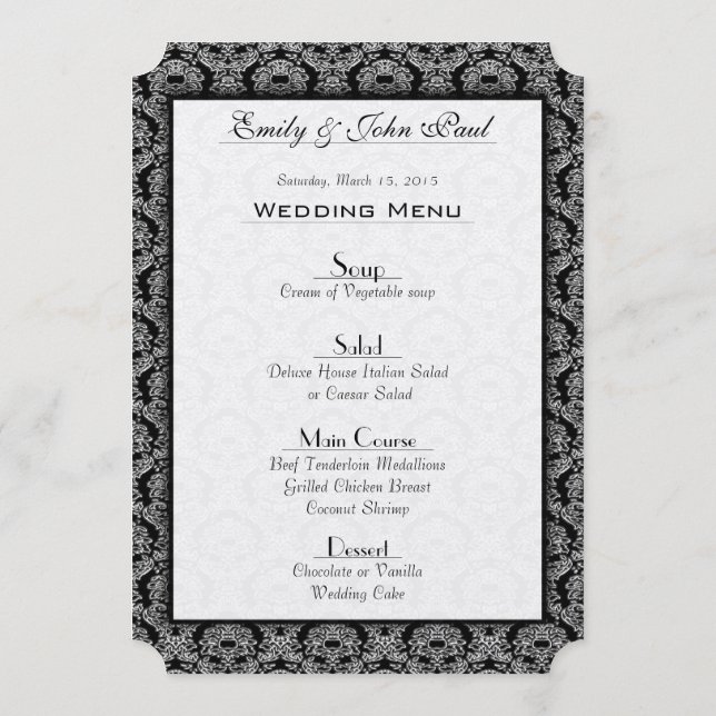 Vintages Black Damask Wedding Menu Menükarte (Rückseite)