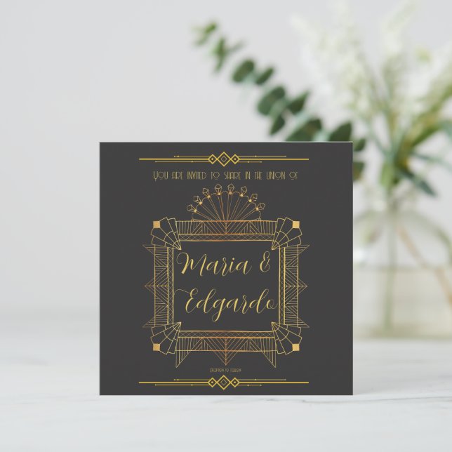 Vintages Black & Gold Déco Hochzeitsempfang Einladung (Stehend Vorderseite)
