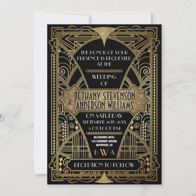 Vintages Black & Gold Déco Hochzeitsempfang Einladung (Vorderseite)