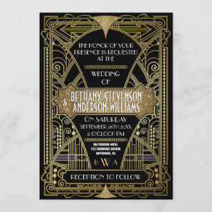 Vintages Black & Gold Déco Hochzeitsempfang Einladung