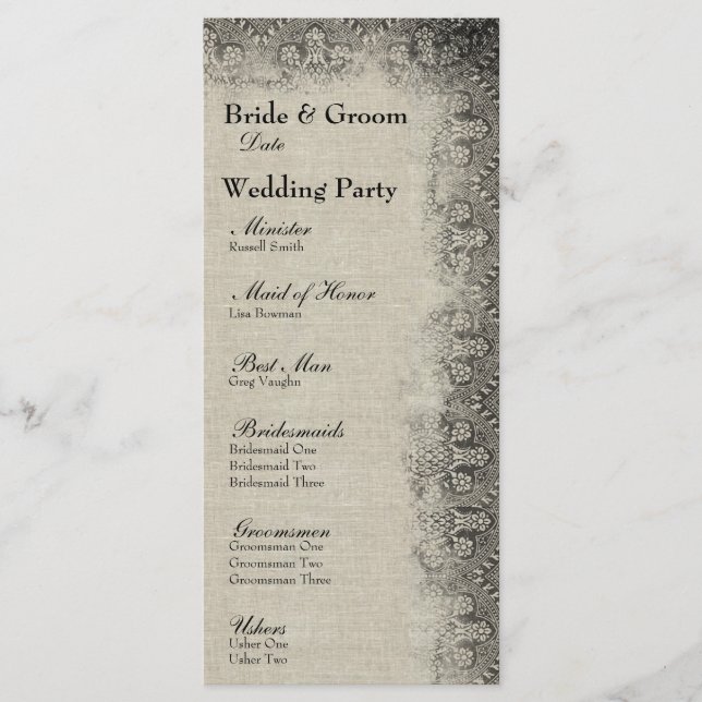 Vintages Black Lace and Linen Wedding Programm (Vorderseite)