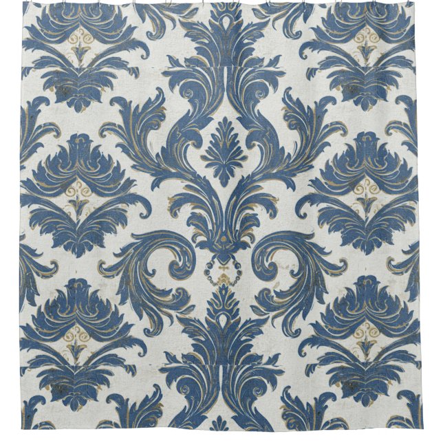 Vintages Blau und Gold Barock Damask Duschvorhang (Vorderseite)