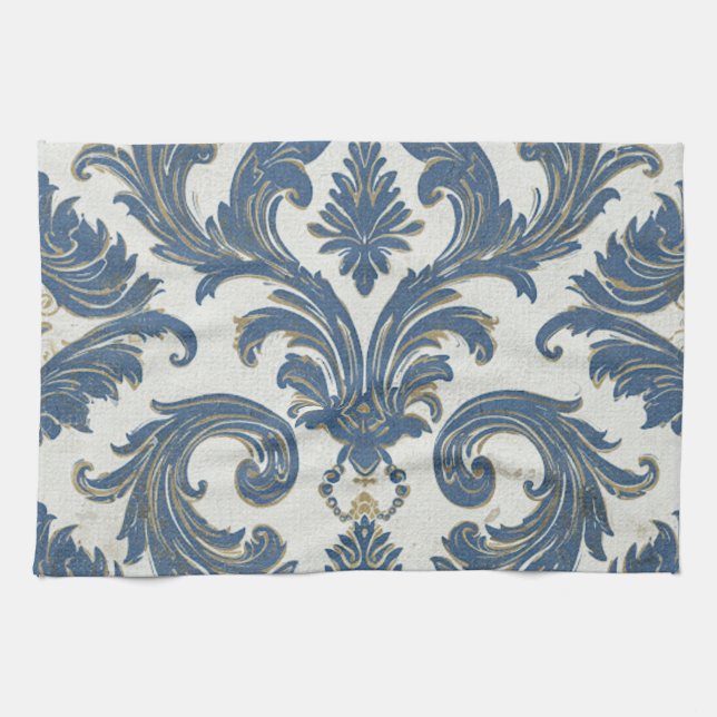 Vintages Blau und Gold Barock Damask Geschirrtuch (Horizontal)