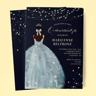 Vintages Blau und Gold Prinzessin Quinceñera Einladung