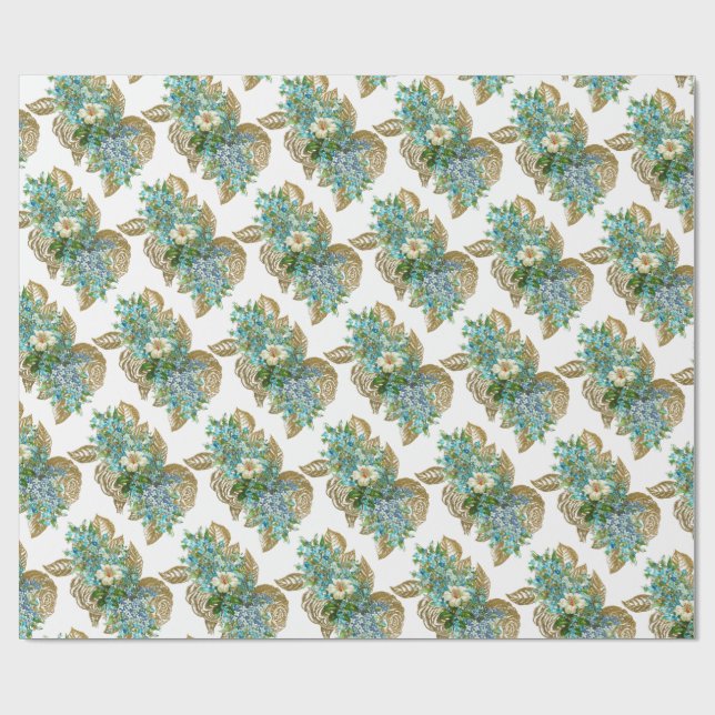 Vintages Blau und Goldblume Geschenkpapier (Flach)