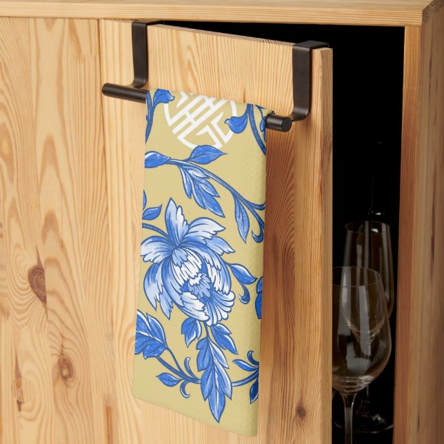 Vintages Blau und Goldflorale Chinoiserie Geschirrtuch (Drittel gefaltet)