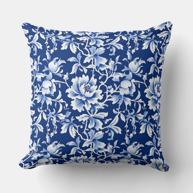 Vintages Blau und Weiß Chinoiserie Blumen Kissen (Vorderseite)