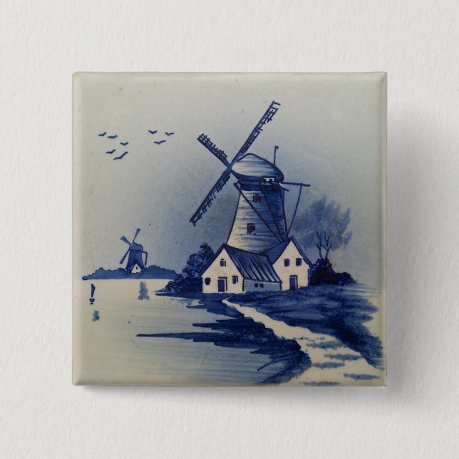 Vintages Blau- und Weiß-Delft-Kunstwerk Button (Vorderseite)