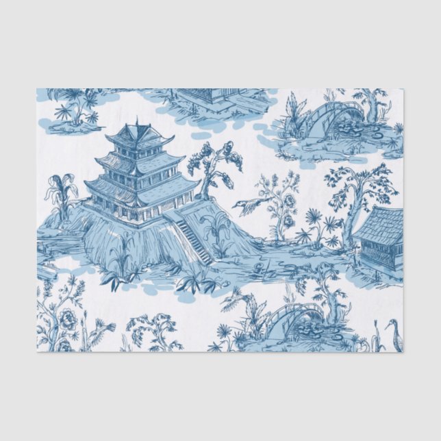 Vintages Blau und Weiße Pagode Chinoiserie Seidenpapier (Vorderseite)