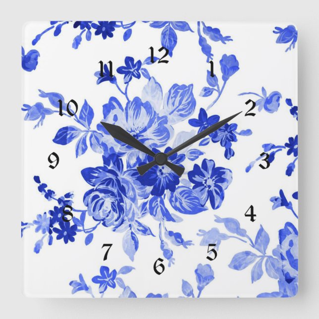 Vintages Blau-Weiß-Muster Quadratische Wanduhr (Vorderseite)