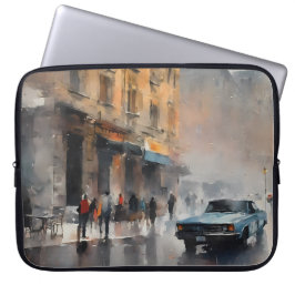 Vintages blaues Auto in Foggy Cityscape Laptopschutzhülle