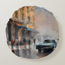 Vintages blaues Auto in Foggy Cityscape