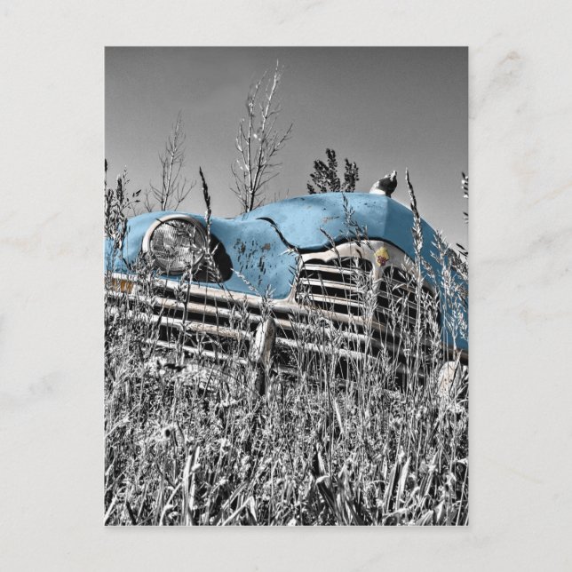 Vintages blaues Auto Postkarte (Vorderseite)