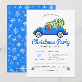 Vintages Blaues Auto und Weihnachten Einladung