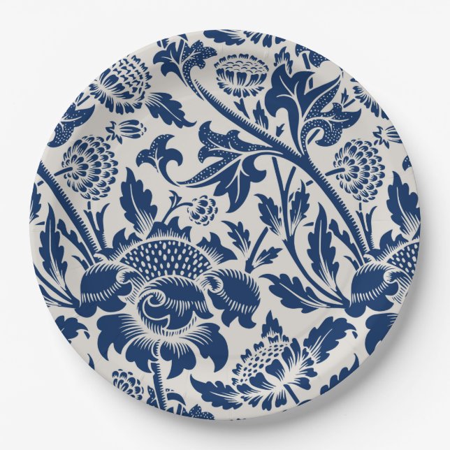 Vintages Blaues Blume-Muster Pappteller (Vorderseite)