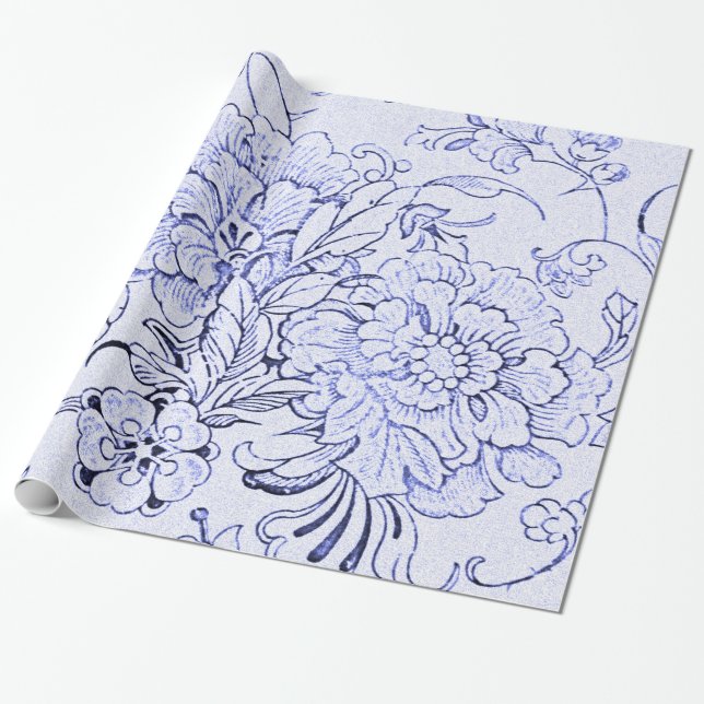 Vintages blaues Blumen Geschenkpapier (Ungerollt)