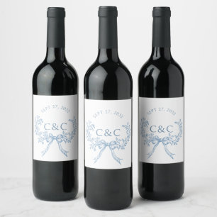 Vintages blaues Blumencoquette Monogramm Weinetikett
