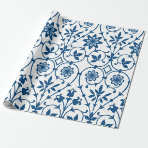 Vintages blaues, florales Verziertes Muster Geschenkpapier