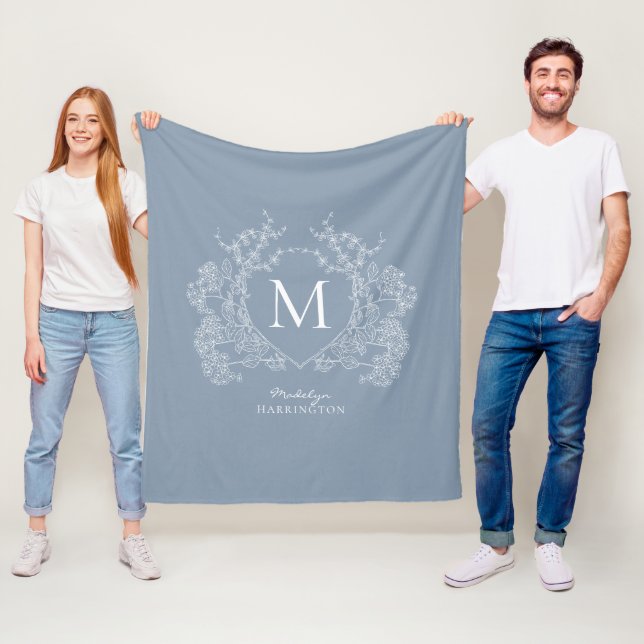 Vintages blaues florales Wappen Monogramm Fleecedecke (Beispiel)