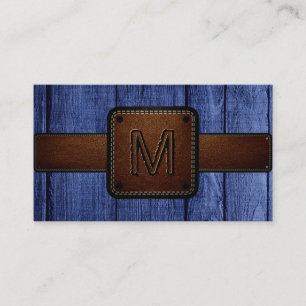 Vintages blaues Holzbraun-Leder-Look Monogramm Visitenkarte