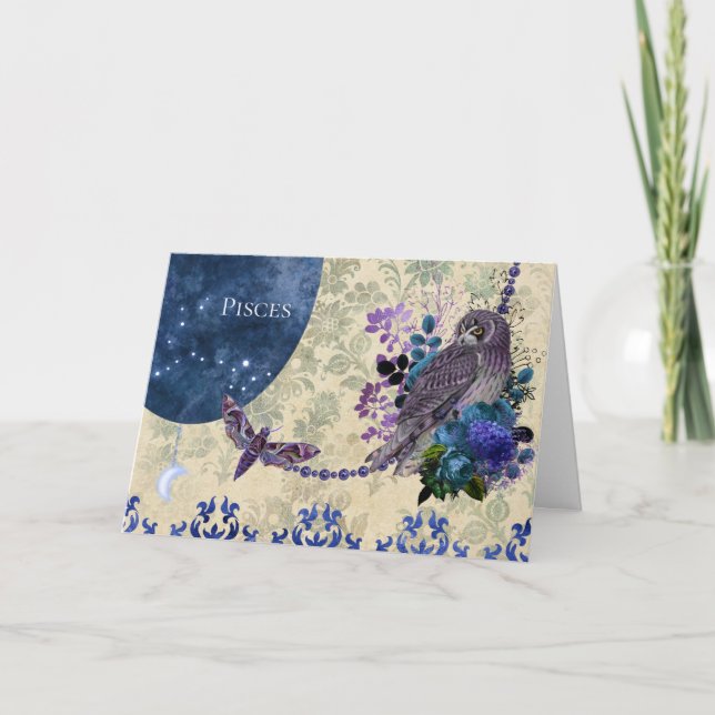Vintages Blaues Lila Zodiac-Fische Geburtstag Karte (Vorderseite)