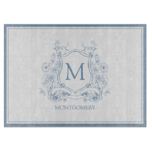 Vintages blaues Monogramm-Wappen Schneidebrett