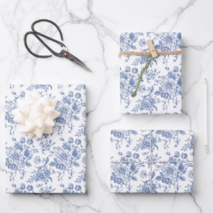 Vintages blaues Rose Blumenmuster Geschenkpapier Set