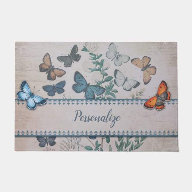 Vintages blaues Schmetterlingsmuster Personalisier Fußmatte (Vorderseite)