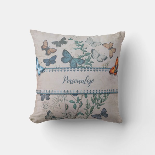 Vintages blaues Schmetterlingsmuster Personalisier Kissen (Vorderseite)