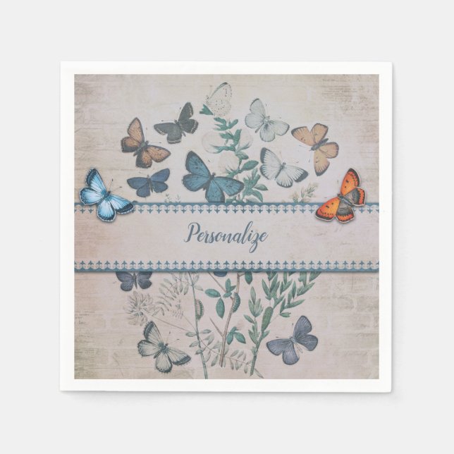 Vintages blaues Schmetterlingsmuster Personalisier Serviette (Vorderseite)
