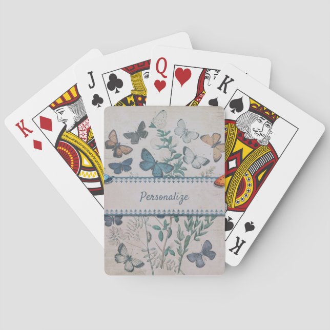 Vintages blaues Schmetterlingsmuster Personalisier Spielkarten (Rückseite)