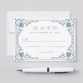 Vintages blaues Script Elegant White Wedding RSVP Karte