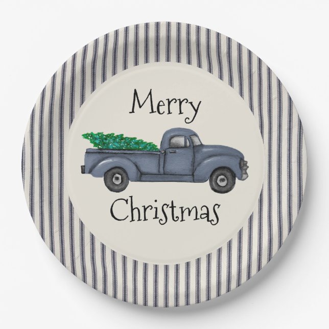 Vintages blaues Weihnachtsbaumtruckpapier Pappteller (Vorderseite)