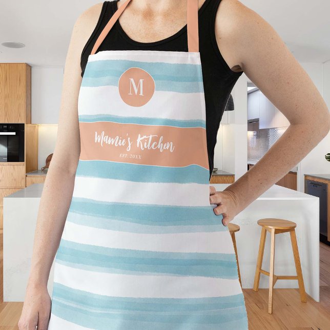 Vintages blaupfirsichrosa Monogramm-Geschenk Schürze (coastal nautical stripes gift apron personalized monogram blue peach pink vintage retro cottagecore )