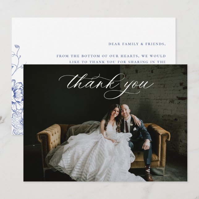 Vintages Blue Floral Wedding Foto Dankeskarte (Vorne/Hinten)