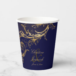 Vintages Blue Gold Floral Damask Script Hochzeit Pappbecher
