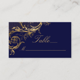 Vintages Blue Gold Floral Damask Script Hochzeit Platzkarte