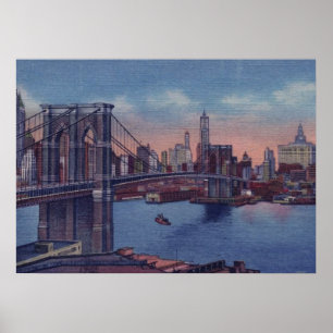 Vintages Blue New York City Night Artwork Poster