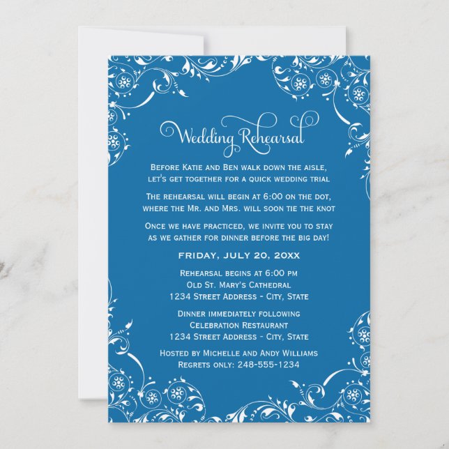 Vintages Blue Scrolls Hochzeit und Probe Einladung (Vorderseite)