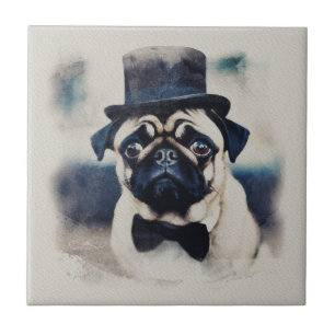 Vintages BLue Tux Mops Portrait Fliese