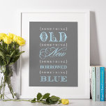 Vintages Blue Wedding Brautparty Poster<br><div class="desc">Elegantes und Vintages "Etwas Altes, etwas Neues, etwas Leihes, etwas Neues" Typografie Zitat Design. Als Begrüßungszeichen bei einem Hochzeitsfest-Brautparty anzeigen. Die Farben sind karkohlegrau, weiß und blassblau.</div>