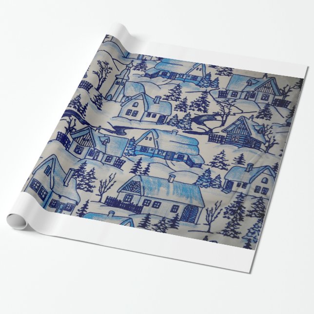 Vintages Blue Weihnachtsdorf Geschenkpapier (Ungerollt)