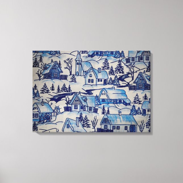 Vintages Blue Weihnachtsdorf Leinwanddruck (Vorderseite)
