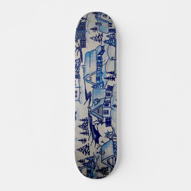 Vintages Blue Weihnachtsdorf Skateboard (Vorne)