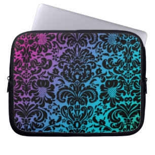 Vintages Blumendamast-Schwarz-Rosa-Blau Laptopschutzhülle