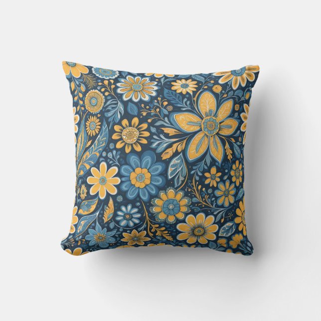 Vintages Blumendesign Hippie blau Kissen (Vorderseite)