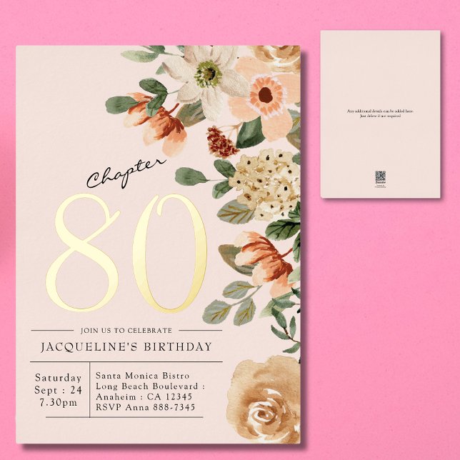 Vintages Blumengold am 80. Geburtstag Folieneinladung (Unique personalized 80th birthday peach blush pink floral gold foil invitation)