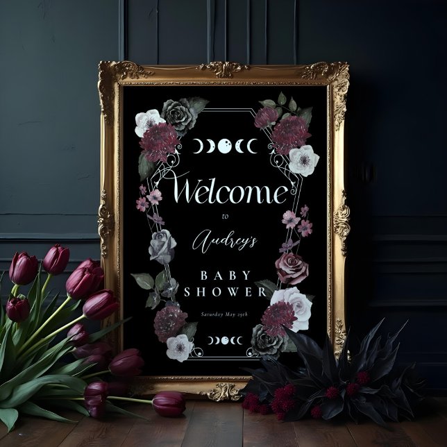 Vintages Blumengoth Halloween Baby Dusche Empfang Poster (Vintage Floral Goth Halloween Baby Shower Welcome Poster)